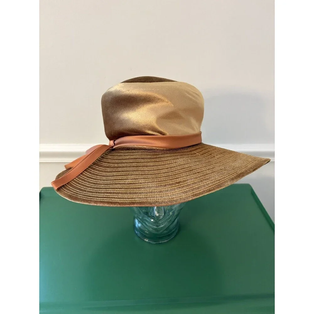 Vtg Mr Kim Original Sun Hat Wide Brim Satin Ribbon Bow Gold Bronze 1950s 60s